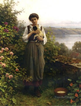 古典的な花 Painting - 子犬を抱く若い女の子 同胞ダニエル・リッジウェイ ナイト・フラワーズ